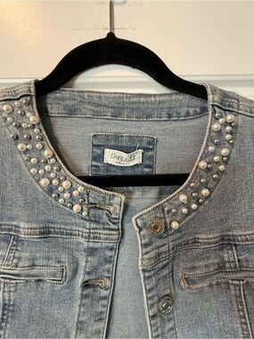 Threadz Light Wash Denim Jacket with Pearl Embellishment